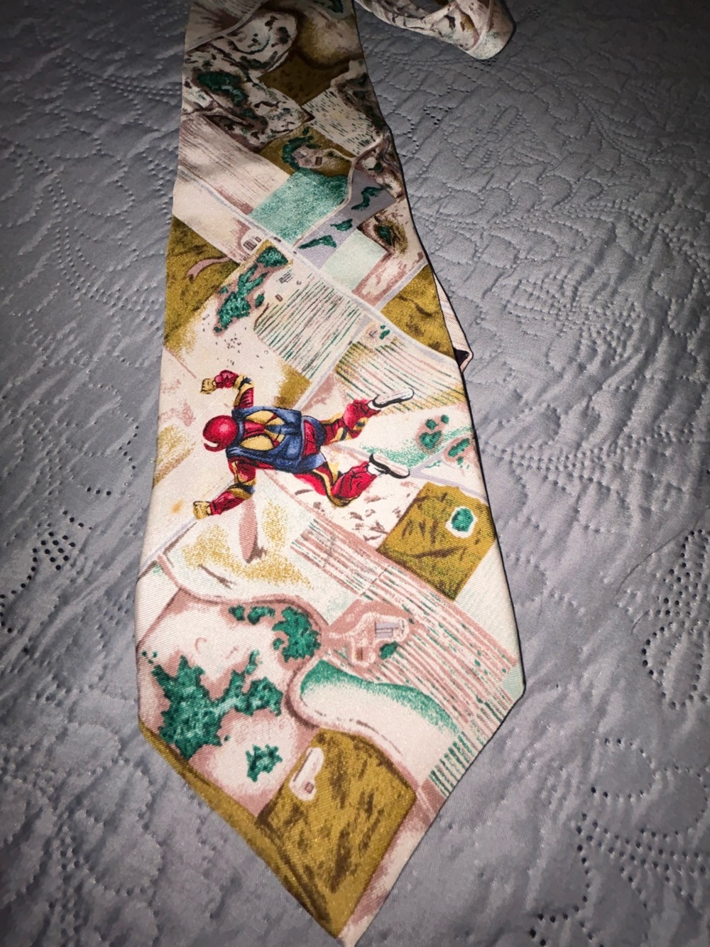 Novelty Light Pink Tie with Green and Gold Adventure Print
